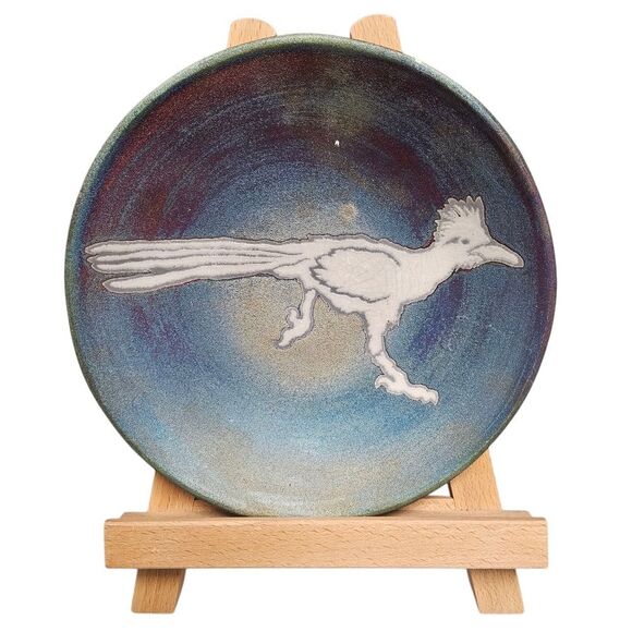 Raku Pottery Hand Crafted Ceramic Plate Bird - Signed by J. Diller - 8 in - Picture 1 of 4